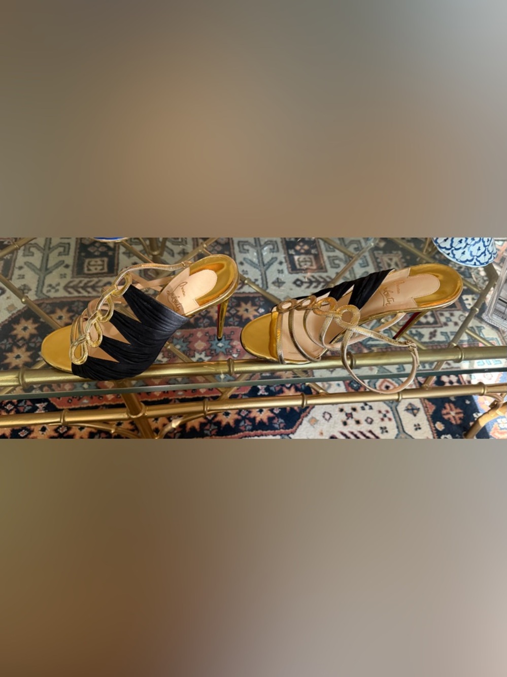Christian Louboutin Gold and Black Suede Leather Tina Cage Strappy Heels - Picture 3 of 7